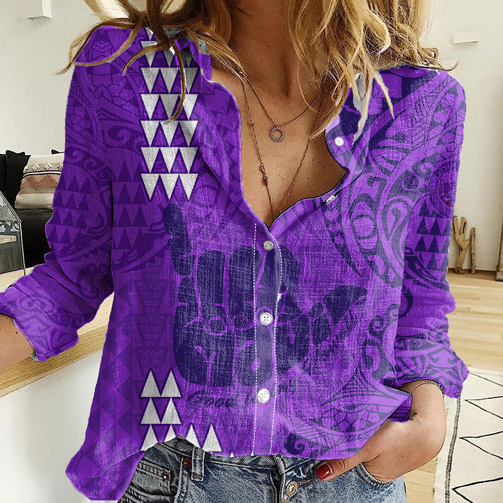 Personalised Strong Maui Women Casual Shirt Good Living Hawaii with Shaka Sign Kakau Tribal Purple - Wonder Print Shop