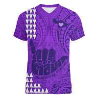Personalised Strong Maui Women V Neck T Shirt Good Living Hawaii with Shaka Sign Kakau Tribal Purple - Wonder Print Shop