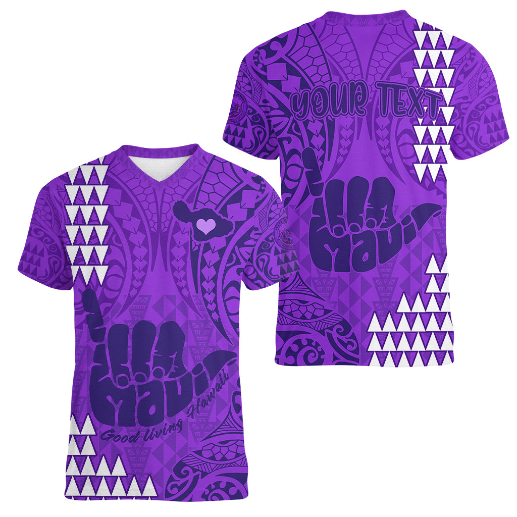 Personalised Strong Maui Women V Neck T Shirt Good Living Hawaii with Shaka Sign Kakau Tribal Purple - Wonder Print Shop
