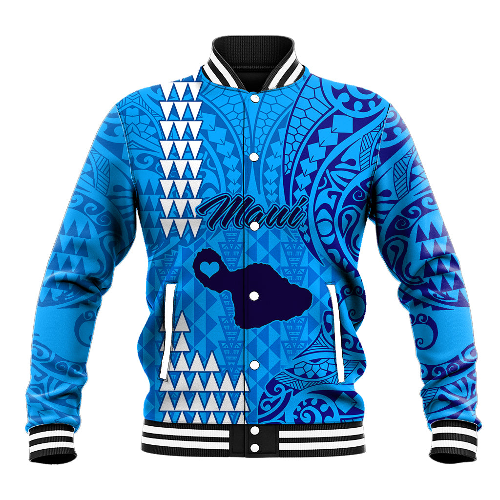 Maui Island Baseball Jacket Kakau Tribal Mixed Polynesian Pattern Blue LT9 - Wonder Print Shop