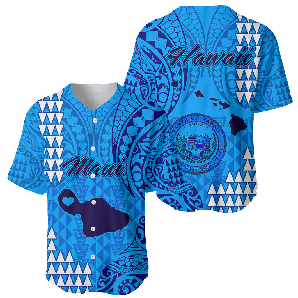 Maui Island Baseball Jersey Kakau Tribal Mixed Polynesian Pattern Blue LT9 - Wonder Print Shop