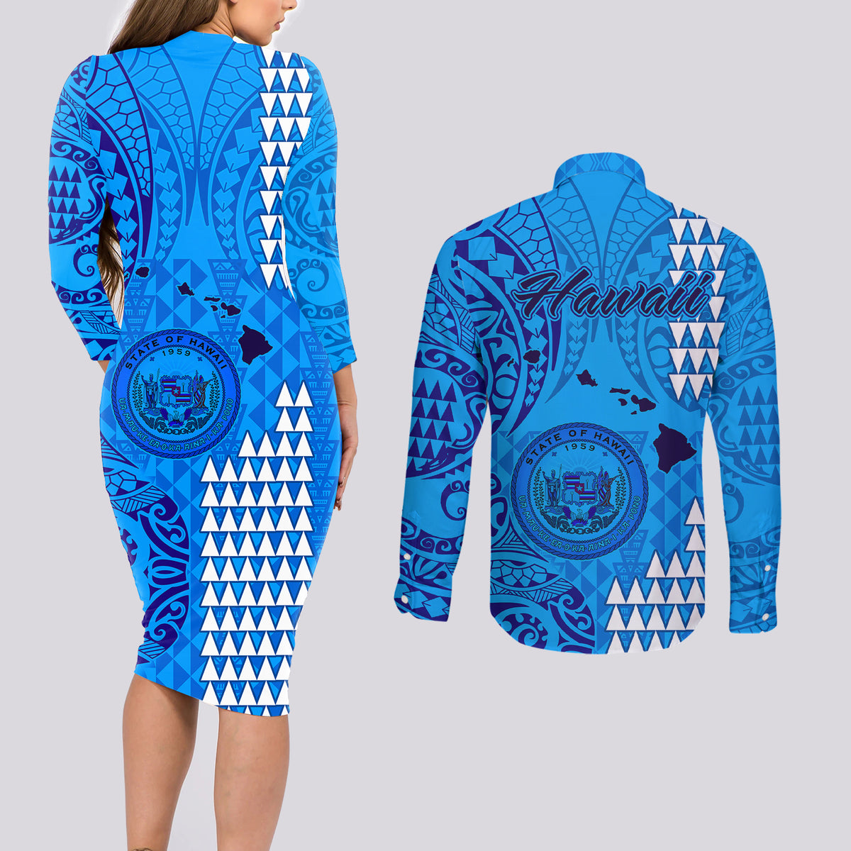 Maui Island Couples Matching Long Sleeve Bodycon Dress and Long Sleeve Button Shirts Kakau Tribal Mixed Polynesian Pattern Blue LT9 - Wonder Print Shop