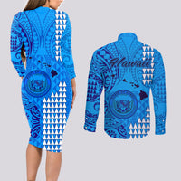 Maui Island Couples Matching Long Sleeve Bodycon Dress and Long Sleeve Button Shirts Kakau Tribal Mixed Polynesian Pattern Blue LT9 - Wonder Print Shop