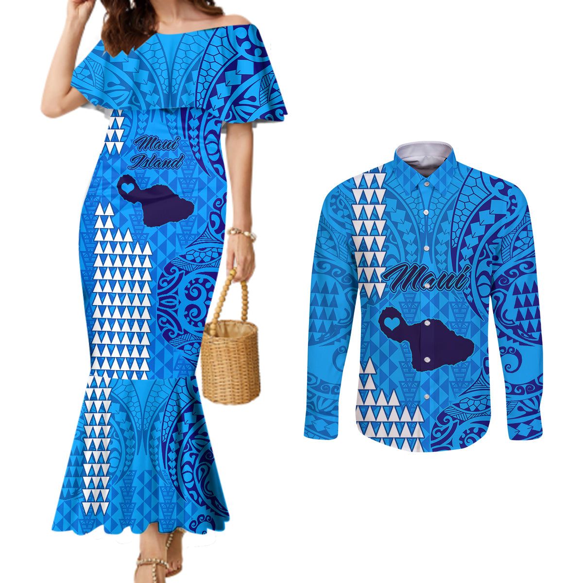 maui-island-couples-matching-mermaid-dress-and-long-sleeve-button-shirts-kakau-tribal-mixed-polynesian-pattern-blue