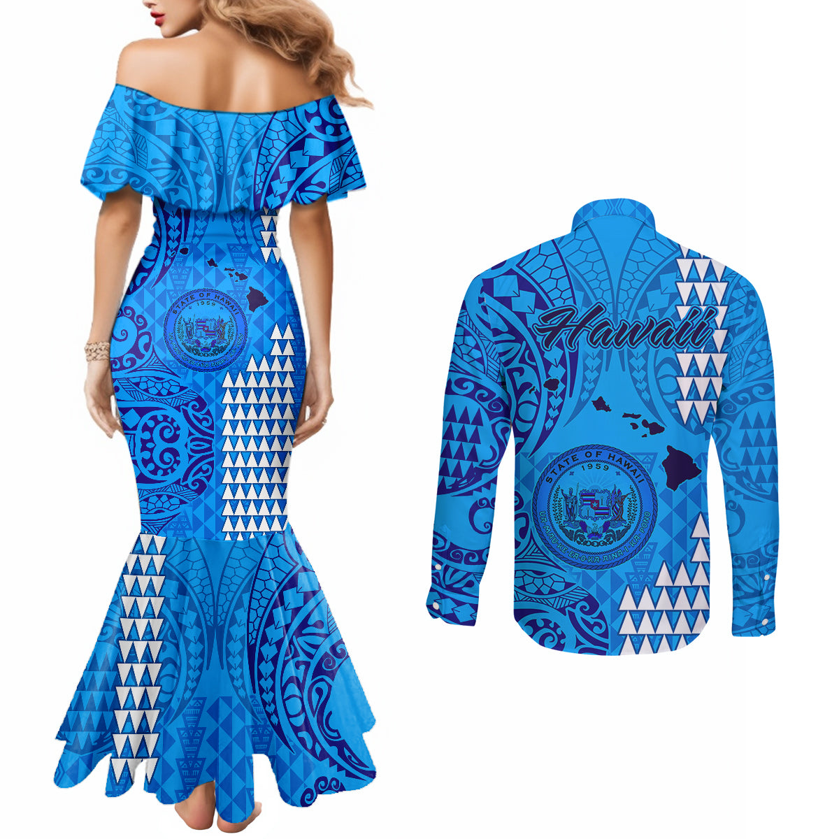 maui-island-couples-matching-mermaid-dress-and-long-sleeve-button-shirts-kakau-tribal-mixed-polynesian-pattern-blue