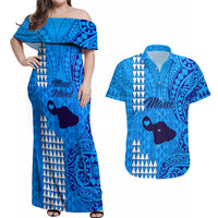 Maui Island Couples Matching Off Shoulder Maxi Dress and Hawaiian Shirt Kakau Tribal Mixed Polynesian Pattern Blue LT9 - Wonder Print Shop