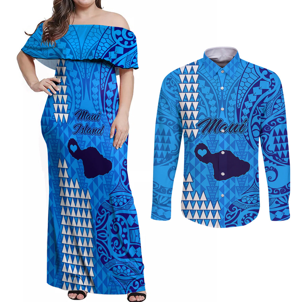 Maui Island Couples Matching Off Shoulder Maxi Dress and Long Sleeve Button Shirts Kakau Tribal Mixed Polynesian Pattern Blue LT9 - Wonder Print Shop