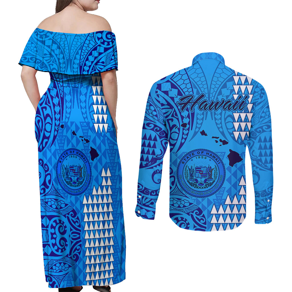 Maui Island Couples Matching Off Shoulder Maxi Dress and Long Sleeve Button Shirts Kakau Tribal Mixed Polynesian Pattern Blue LT9 - Wonder Print Shop