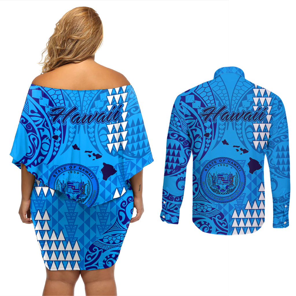 Maui Island Couples Matching Off Shoulder Short Dress and Long Sleeve Button Shirts Kakau Tribal Mixed Polynesian Pattern Blue LT9 - Wonder Print Shop