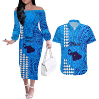 Maui Island Couples Matching Off The Shoulder Long Sleeve Dress and Hawaiian Shirt Kakau Tribal Mixed Polynesian Pattern Blue LT9 - Wonder Print Shop