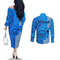 maui-island-couples-matching-off-the-shoulder-long-sleeve-dress-and-long-sleeve-button-shirts-kakau-tribal-mixed-polynesian-pattern-blue