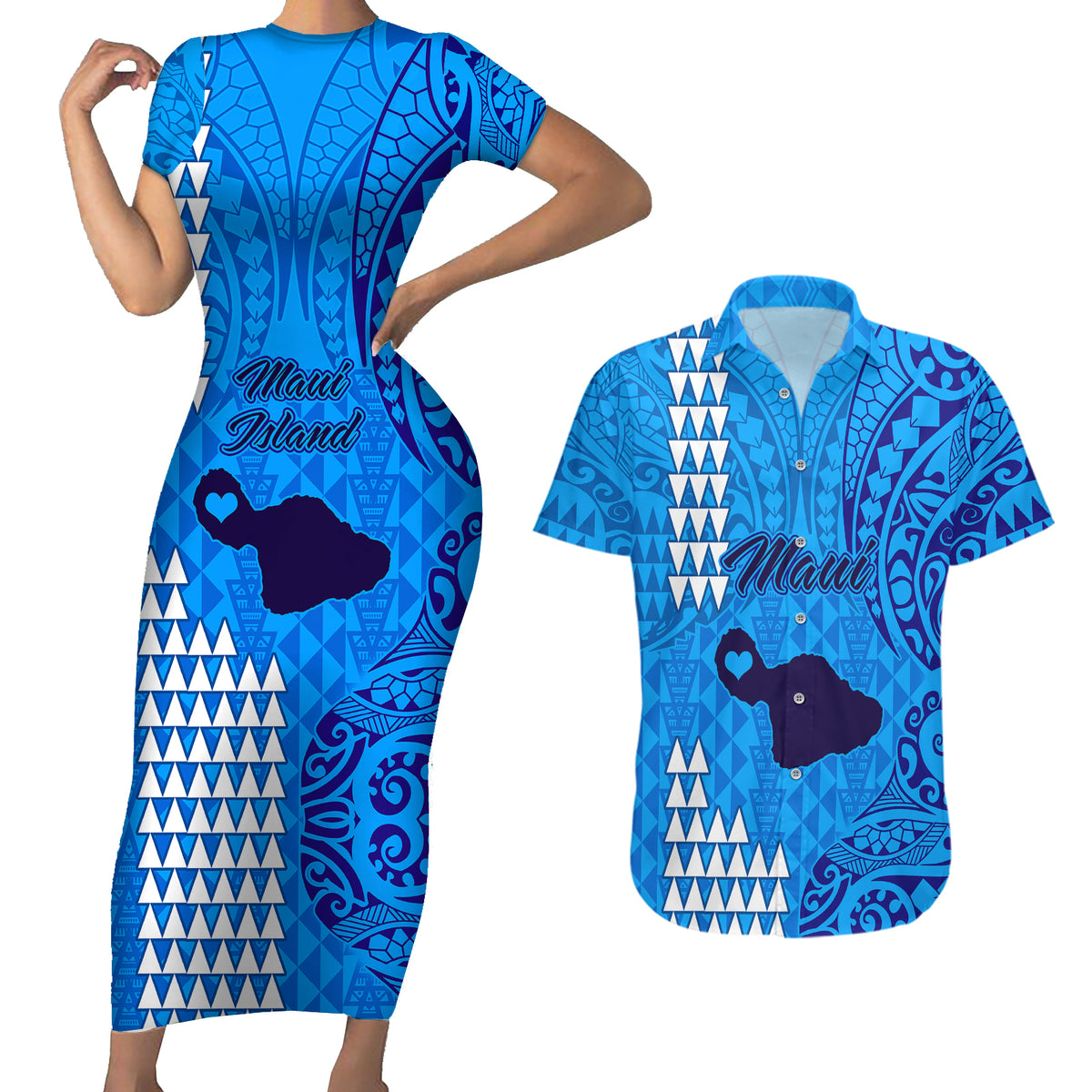 Maui Island Couples Matching Short Sleeve Bodycon Dress and Hawaiian Shirt Kakau Tribal Mixed Polynesian Pattern Blue LT9 - Wonder Print Shop