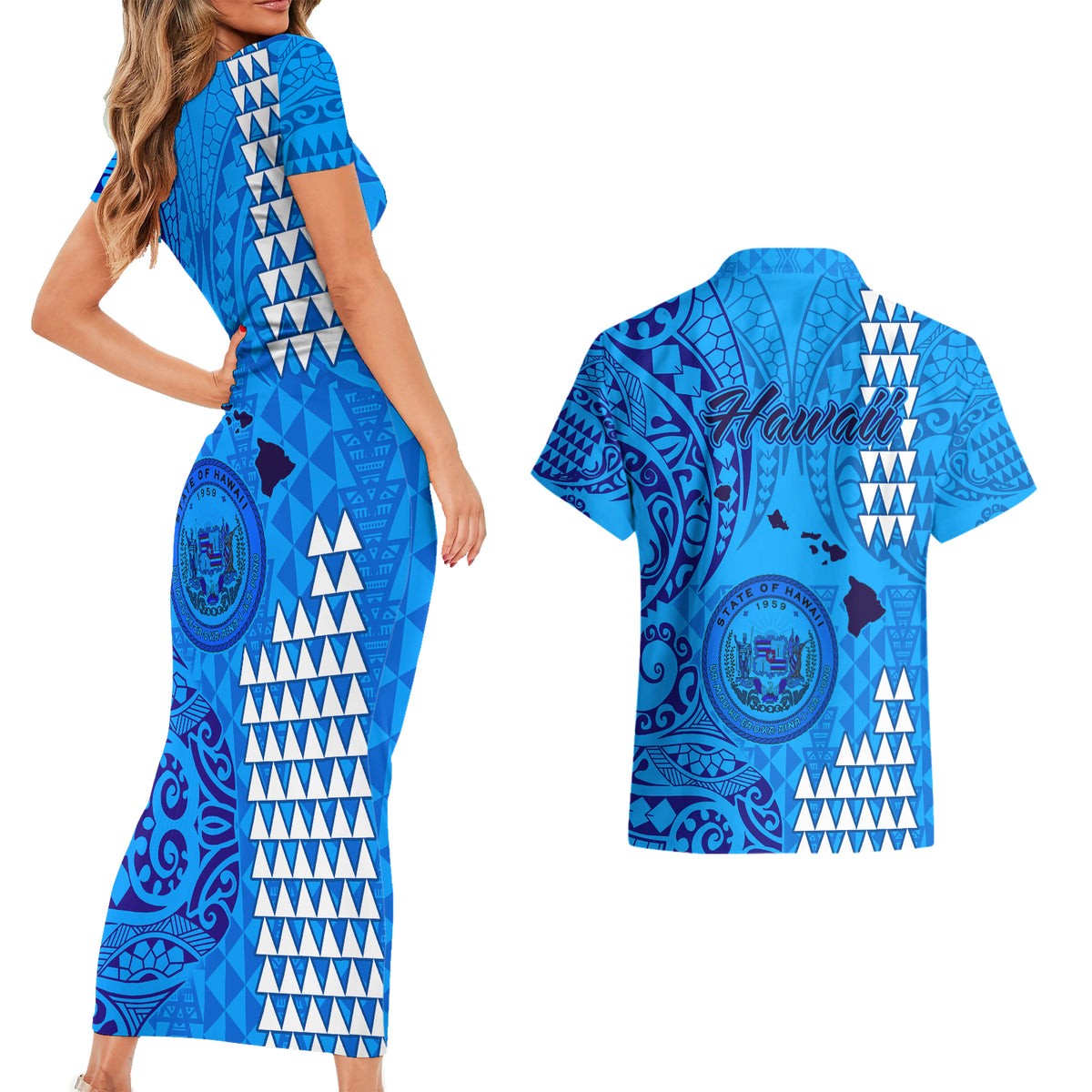 Maui Island Couples Matching Short Sleeve Bodycon Dress and Hawaiian Shirt Kakau Tribal Mixed Polynesian Pattern Blue LT9 - Wonder Print Shop