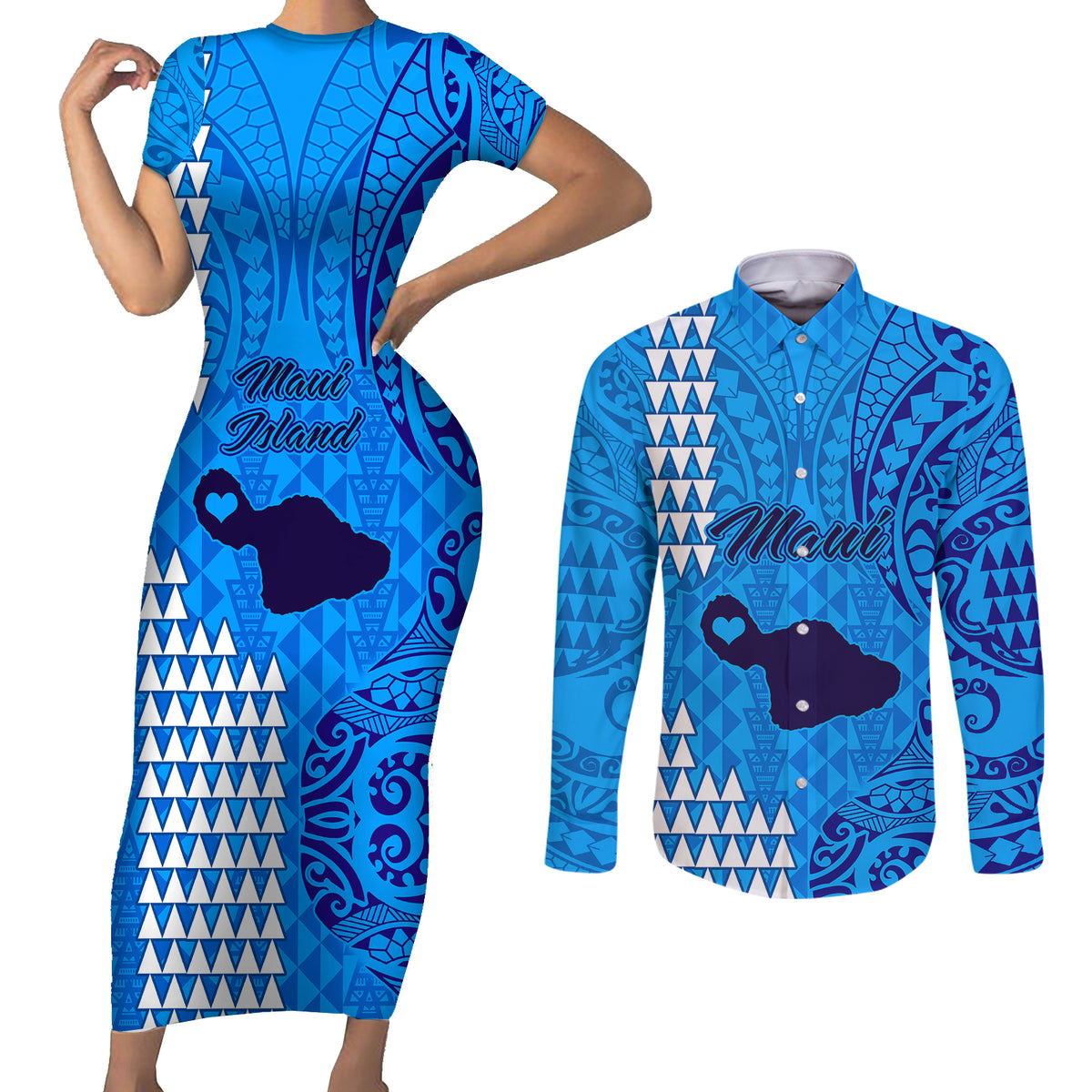 Maui Island Couples Matching Short Sleeve Bodycon Dress and Long Sleeve Button Shirts Kakau Tribal Mixed Polynesian Pattern Blue LT9 - Wonder Print Shop
