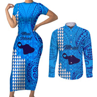 Maui Island Couples Matching Short Sleeve Bodycon Dress and Long Sleeve Button Shirts Kakau Tribal Mixed Polynesian Pattern Blue LT9 - Wonder Print Shop