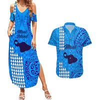 Maui Island Couples Matching Summer Maxi Dress and Hawaiian Shirt Kakau Tribal Mixed Polynesian Pattern Blue LT9 - Wonder Print Shop