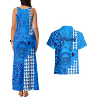 Maui Island Couples Matching Tank Maxi Dress and Hawaiian Shirt Kakau Tribal Mixed Polynesian Pattern Blue LT9 - Wonder Print Shop