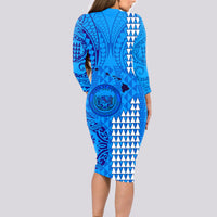 Maui Island Long Sleeve Bodycon Dress Kakau Tribal Mixed Polynesian Pattern Blue - Wonder Print Shop