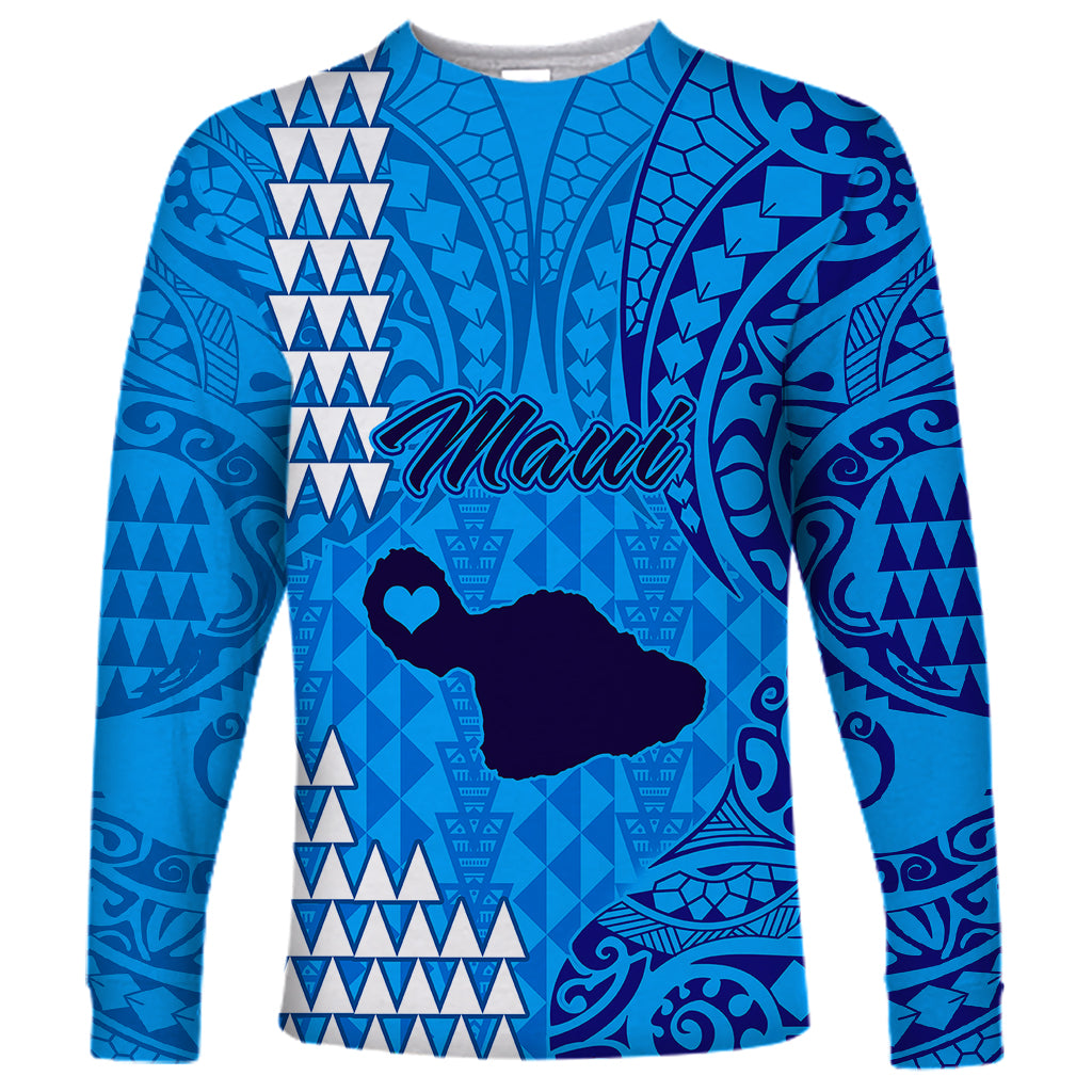 Maui Island Long Sleeve Shirt Kakau Tribal Mixed Polynesian Pattern Blue - Wonder Print Shop
