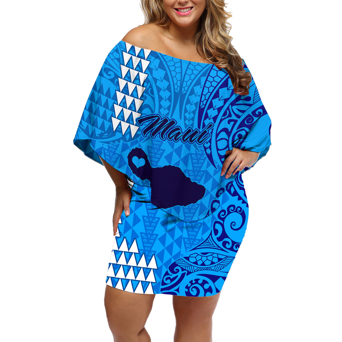 Maui Island Off Shoulder Short Dress Kakau Tribal Mixed Polynesian Pattern Blue - Wonder Print Shop