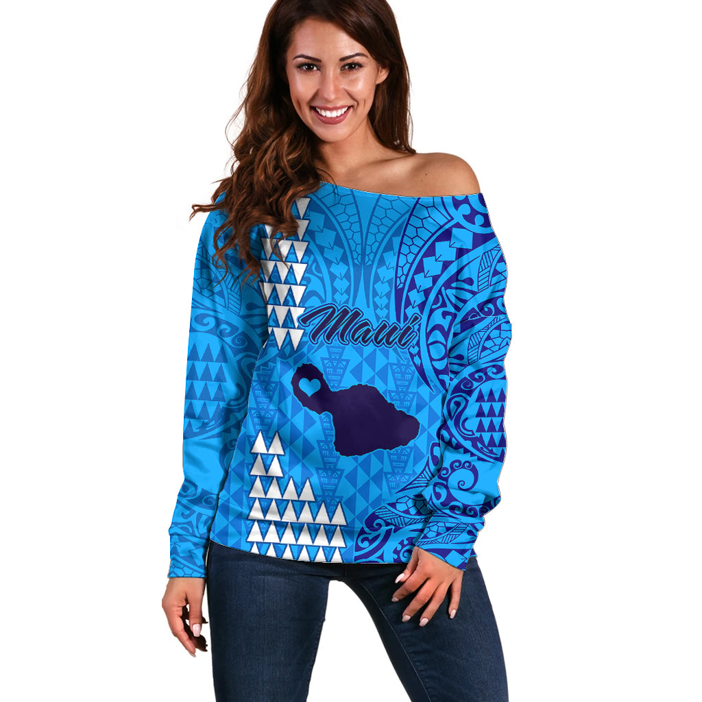 Maui Island Off Shoulder Sweater Kakau Tribal Mixed Polynesian Pattern Blue - Wonder Print Shop