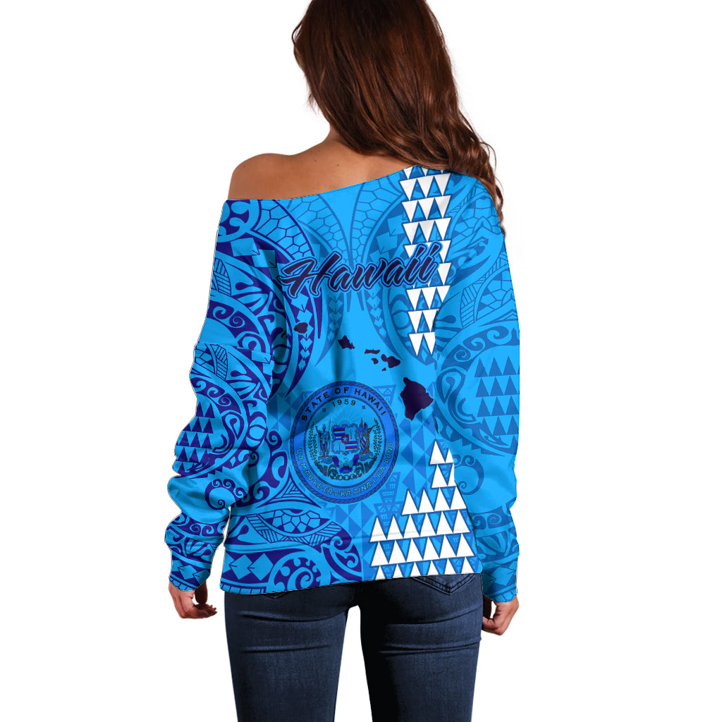 Maui Island Off Shoulder Sweater Kakau Tribal Mixed Polynesian Pattern Blue - Wonder Print Shop
