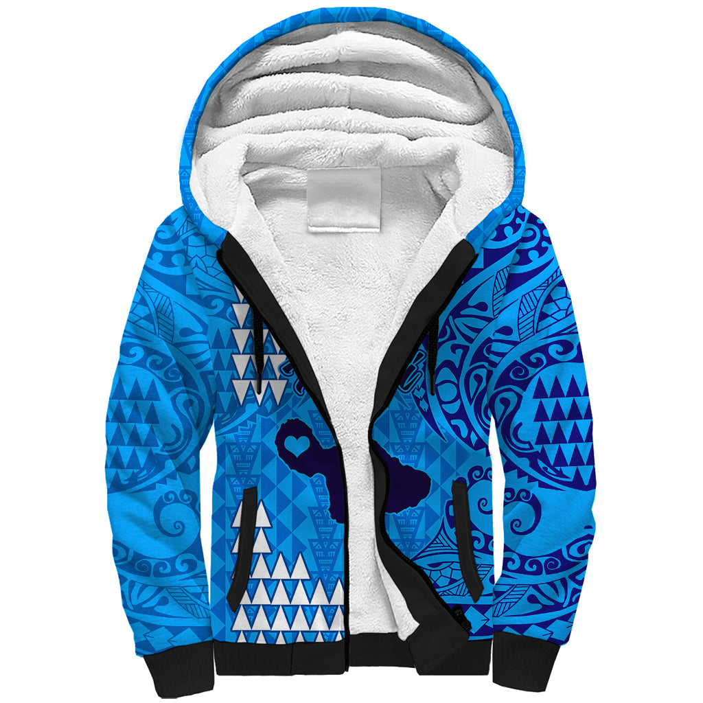 Maui Island Sherpa Hoodie Kakau Tribal Mixed Polynesian Pattern Blue - Wonder Print Shop