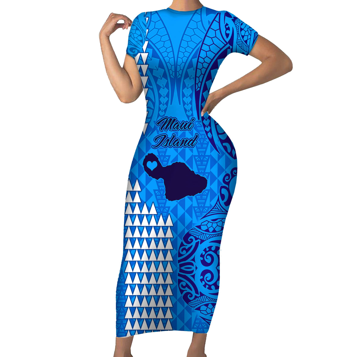 Maui Island Short Sleeve Bodycon Dress Kakau Tribal Mixed Polynesian Pattern Blue - Wonder Print Shop