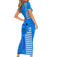Maui Island Short Sleeve Bodycon Dress Kakau Tribal Mixed Polynesian Pattern Blue - Wonder Print Shop