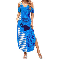Maui Island Summer Maxi Dress Kakau Tribal Mixed Polynesian Pattern Blue - Wonder Print Shop
