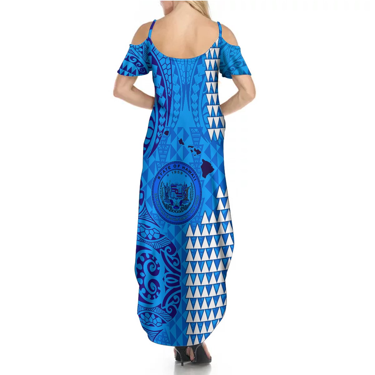 Maui Island Summer Maxi Dress Kakau Tribal Mixed Polynesian Pattern Blue - Wonder Print Shop