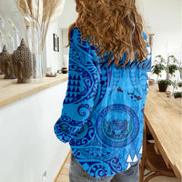 Maui Island Women Casual Shirt Kakau Tribal Mixed Polynesian Pattern Blue - Wonder Print Shop