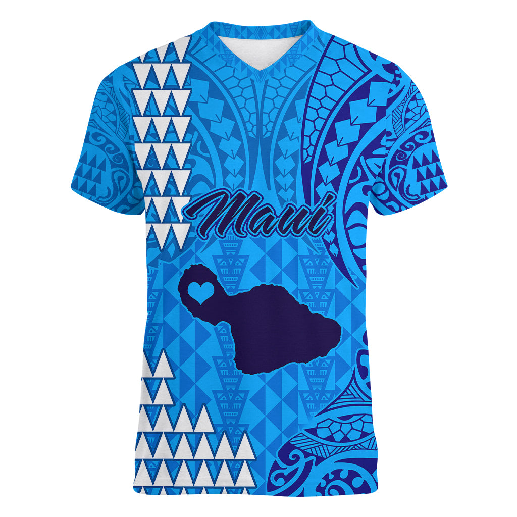 Maui Island Women V Neck T Shirt Kakau Tribal Mixed Polynesian Pattern Blue - Wonder Print Shop