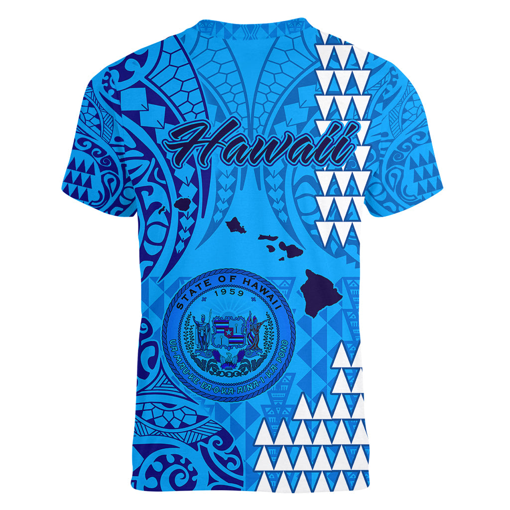 Maui Island Women V Neck T Shirt Kakau Tribal Mixed Polynesian Pattern Blue - Wonder Print Shop