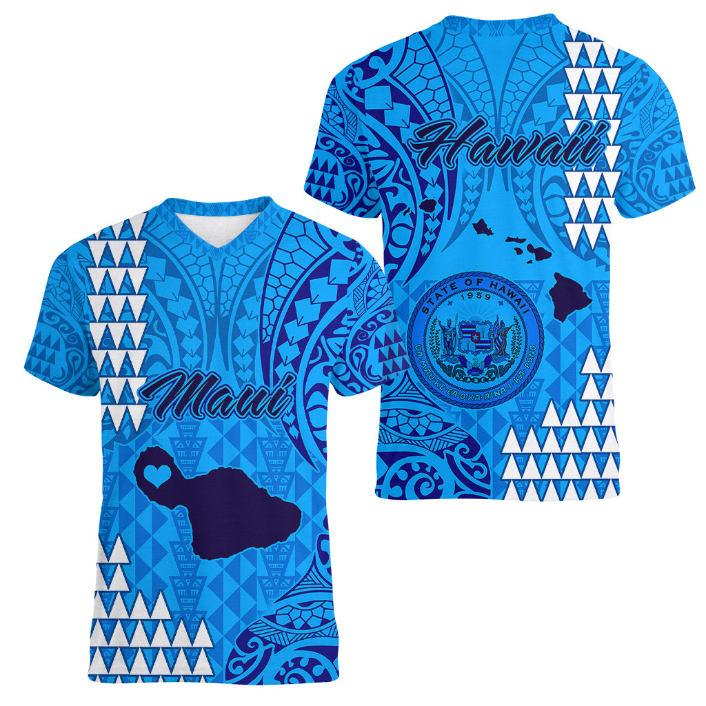Maui Island Women V Neck T Shirt Kakau Tribal Mixed Polynesian Pattern Blue - Wonder Print Shop