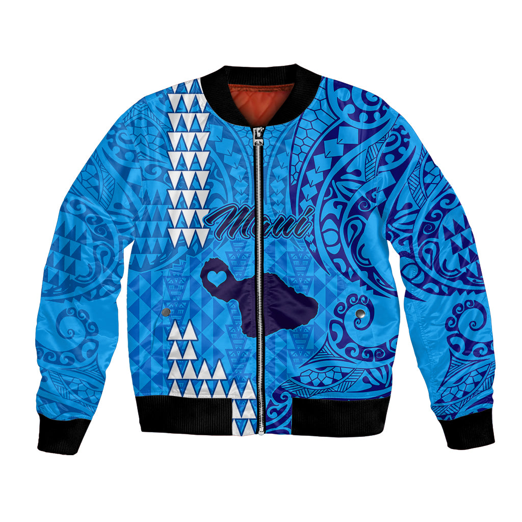 Personalised Maui Island Bomber Jacket Kakau Tribal Mixed Polynesian Pattern Blue LT9 - Wonder Print Shop
