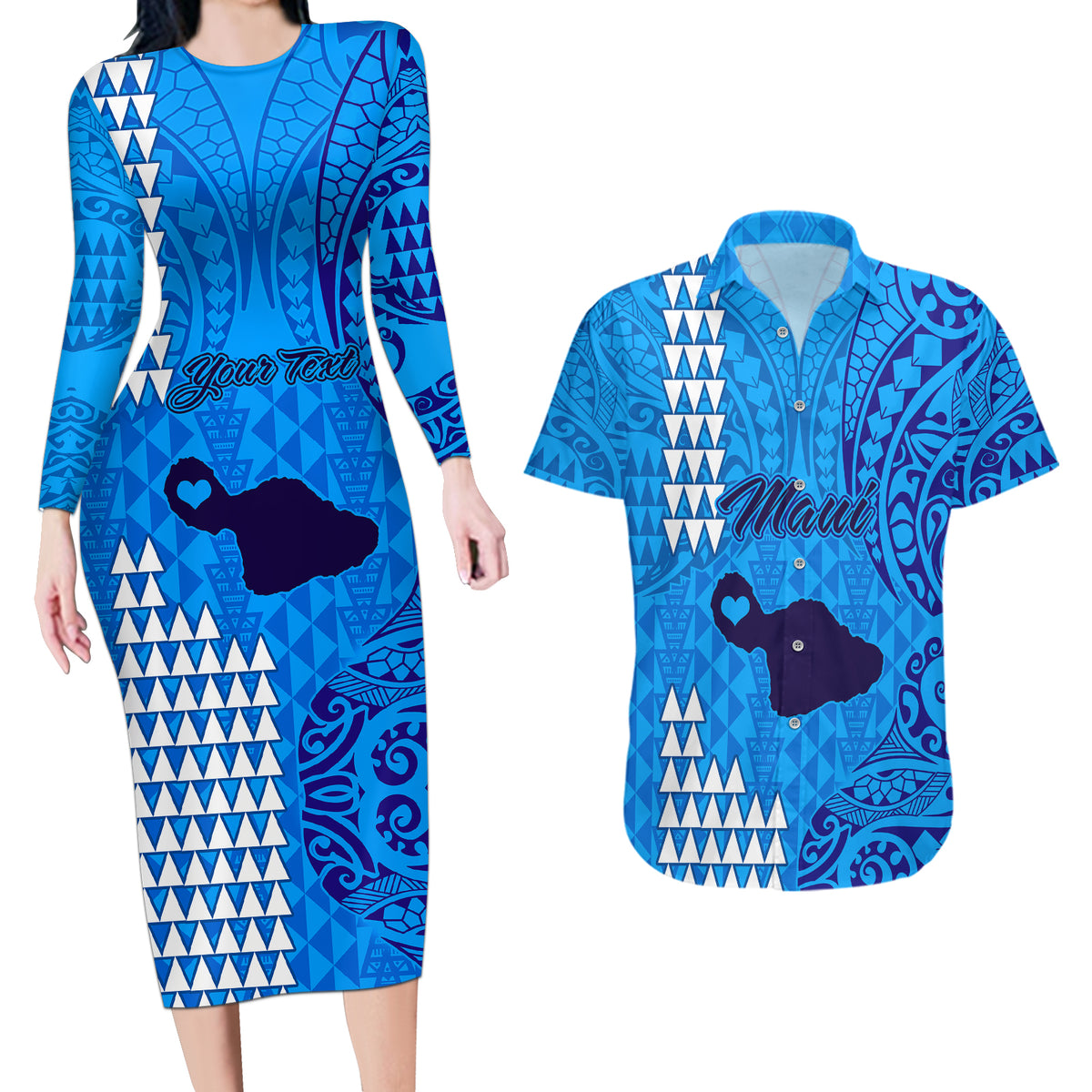 Personalised Maui Island Couples Matching Long Sleeve Bodycon Dress and Hawaiian Shirt Kakau Tribal Mixed Polynesian Pattern Blue LT9 - Wonder Print Shop