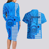 Personalised Maui Island Couples Matching Long Sleeve Bodycon Dress and Hawaiian Shirt Kakau Tribal Mixed Polynesian Pattern Blue LT9 - Wonder Print Shop
