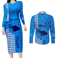 Personalised Maui Island Couples Matching Long Sleeve Bodycon Dress and Long Sleeve Button Shirts Kakau Tribal Mixed Polynesian Pattern Blue LT9 - Wonder Print Shop