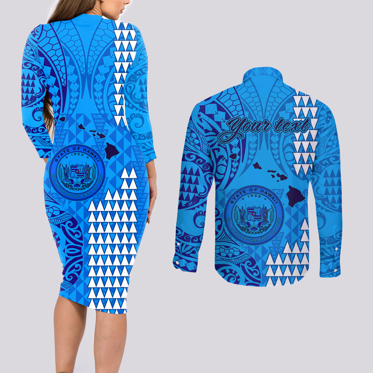 Personalised Maui Island Couples Matching Long Sleeve Bodycon Dress and Long Sleeve Button Shirts Kakau Tribal Mixed Polynesian Pattern Blue LT9 - Wonder Print Shop
