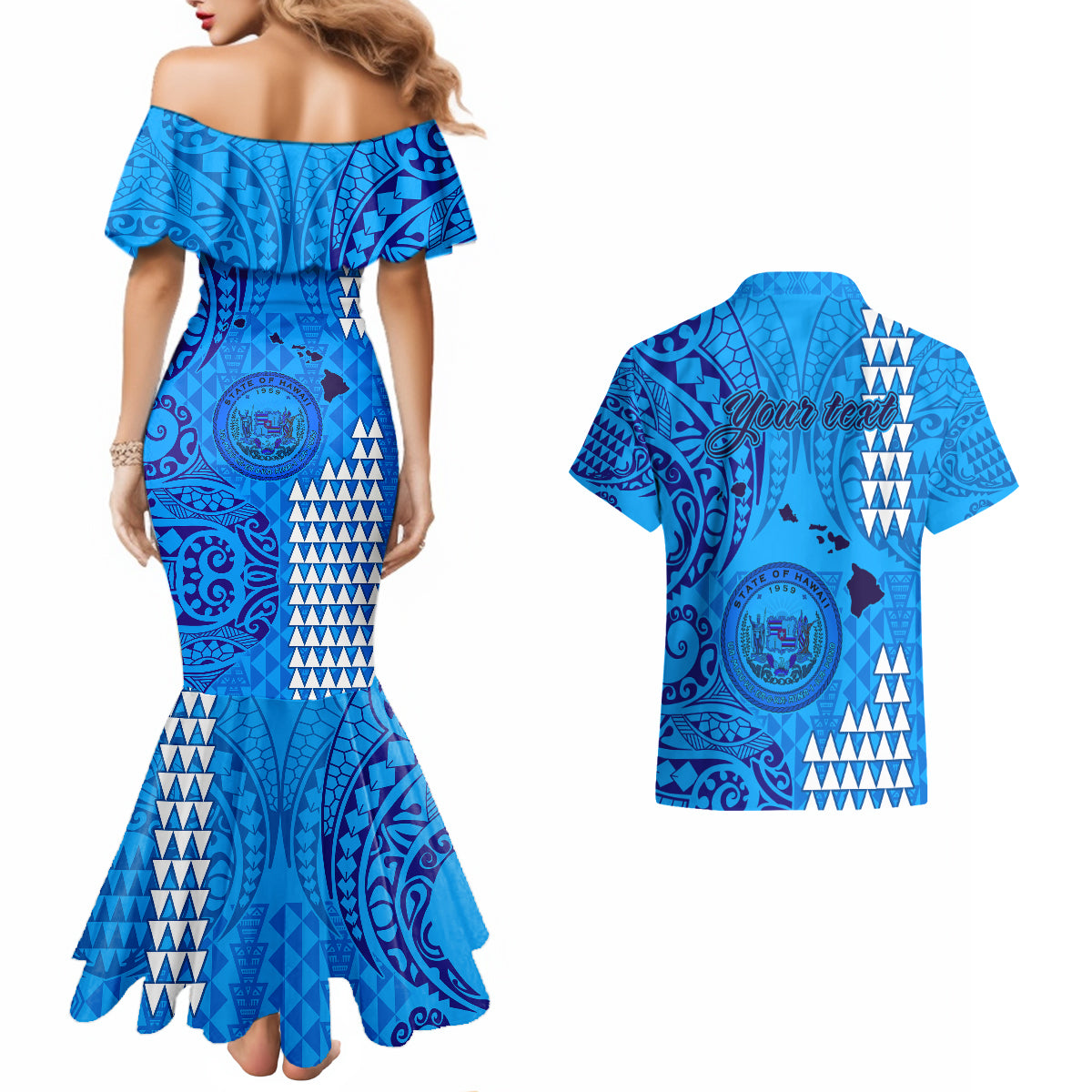 Personalised Maui Island Couples Matching Mermaid Dress and Hawaiian Shirt Kakau Tribal Mixed Polynesian Pattern Blue LT9 - Wonder Print Shop