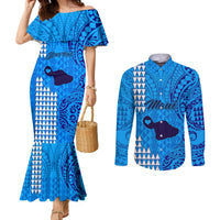 personalised-maui-island-couples-matching-mermaid-dress-and-long-sleeve-button-shirts-kakau-tribal-mixed-polynesian-pattern-blue