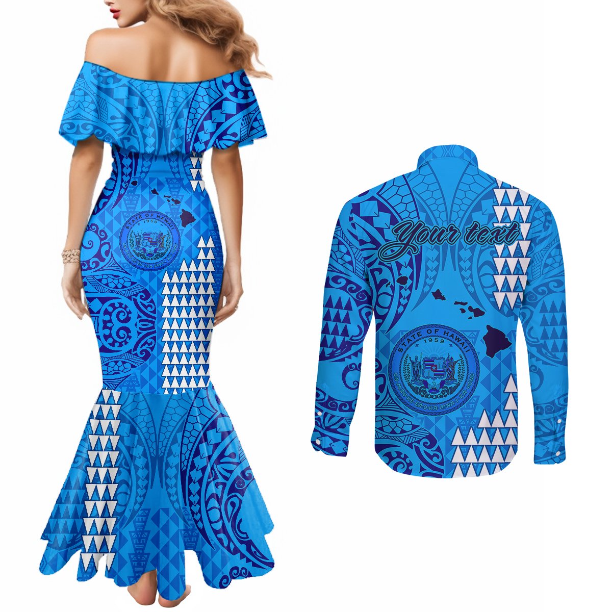 personalised-maui-island-couples-matching-mermaid-dress-and-long-sleeve-button-shirts-kakau-tribal-mixed-polynesian-pattern-blue