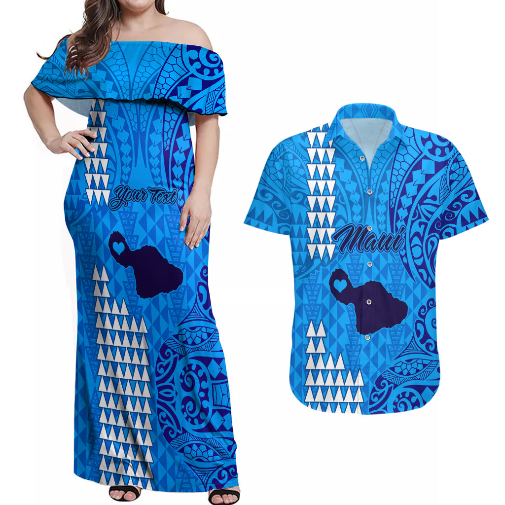 Personalised Maui Island Couples Matching Off Shoulder Maxi Dress and Hawaiian Shirt Kakau Tribal Mixed Polynesian Pattern Blue LT9 - Wonder Print Shop
