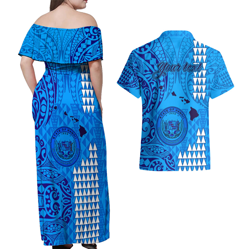 Personalised Maui Island Couples Matching Off Shoulder Maxi Dress and Hawaiian Shirt Kakau Tribal Mixed Polynesian Pattern Blue LT9 - Wonder Print Shop