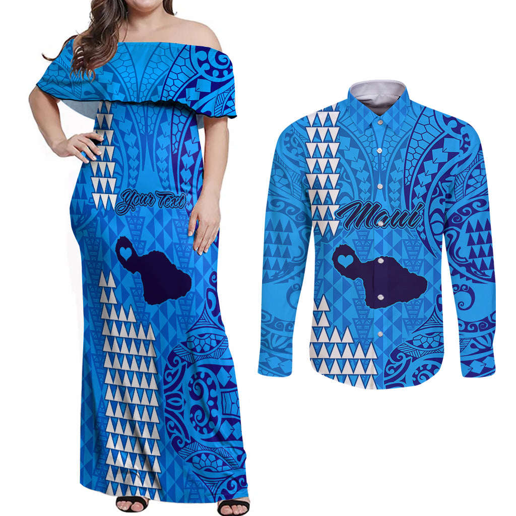 Personalised Maui Island Couples Matching Off Shoulder Maxi Dress and Long Sleeve Button Shirts Kakau Tribal Mixed Polynesian Pattern Blue LT9 - Wonder Print Shop