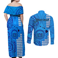 Personalised Maui Island Couples Matching Off Shoulder Maxi Dress and Long Sleeve Button Shirts Kakau Tribal Mixed Polynesian Pattern Blue LT9 - Wonder Print Shop