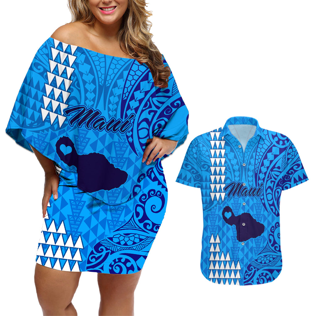 Personalised Maui Island Couples Matching Off Shoulder Short Dress and Hawaiian Shirt Kakau Tribal Mixed Polynesian Pattern Blue LT9 - Wonder Print Shop