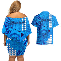 Personalised Maui Island Couples Matching Off Shoulder Short Dress and Hawaiian Shirt Kakau Tribal Mixed Polynesian Pattern Blue LT9 - Wonder Print Shop