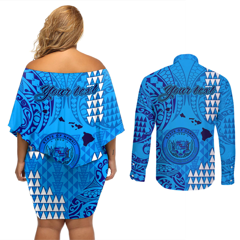 Personalised Maui Island Couples Matching Off Shoulder Short Dress and Long Sleeve Button Shirts Kakau Tribal Mixed Polynesian Pattern Blue LT9 - Wonder Print Shop